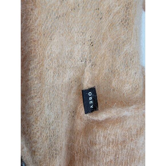 Obey Sweater Cardigan Womens Small Fuzzy Mohair Blend Tan Sheer Delicate - Picture 3 of 11
